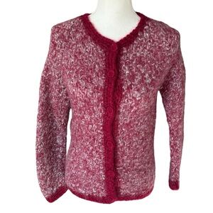 Vtg 60s Mary Lewis Women's medium Red white Knit cardigan Sweater Italy mohair